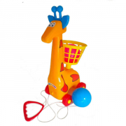 Каталка на веревочке Жираф с корзиной и мячами