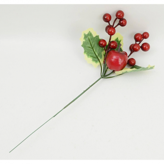Новогодняя декоративная ветка с ягодами и яблоком длина 29 см 1053DSCN - фото 1