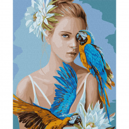 Картина по номерам Идейка «Девушка с голубыми попугаями», размер 40-50 см КНО4802