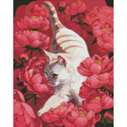Картина з алмазною мозаїкою «Котик у півоніях» розмір 40-50 см АМО7258