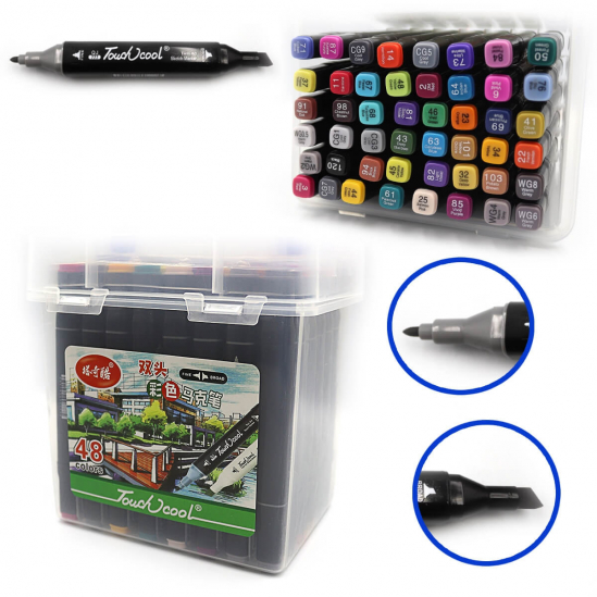 Набір скетч маркерів 48 кольорів тонкі скошні в пластиковому чемодані TouchCool 0229-48 - фото 1