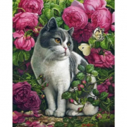 Картина алмазна мозаїка Троянди і кіт розміром 40-50 см Strateg SK85996