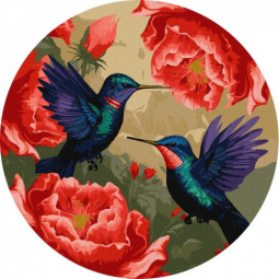Картина за номерами «Різнокольорові колібрі з фарбами металік» діаметр 39 см Ідейка KHO-R1048