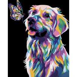 Картина по номерах «Поп-арт собака з метеликом» на чорному фоні розмір 40-50 см Strateg AH1047