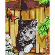 Картина по номерах «Котик та метелик біля паркану» розмір 30-40 см Strateg SS-6451