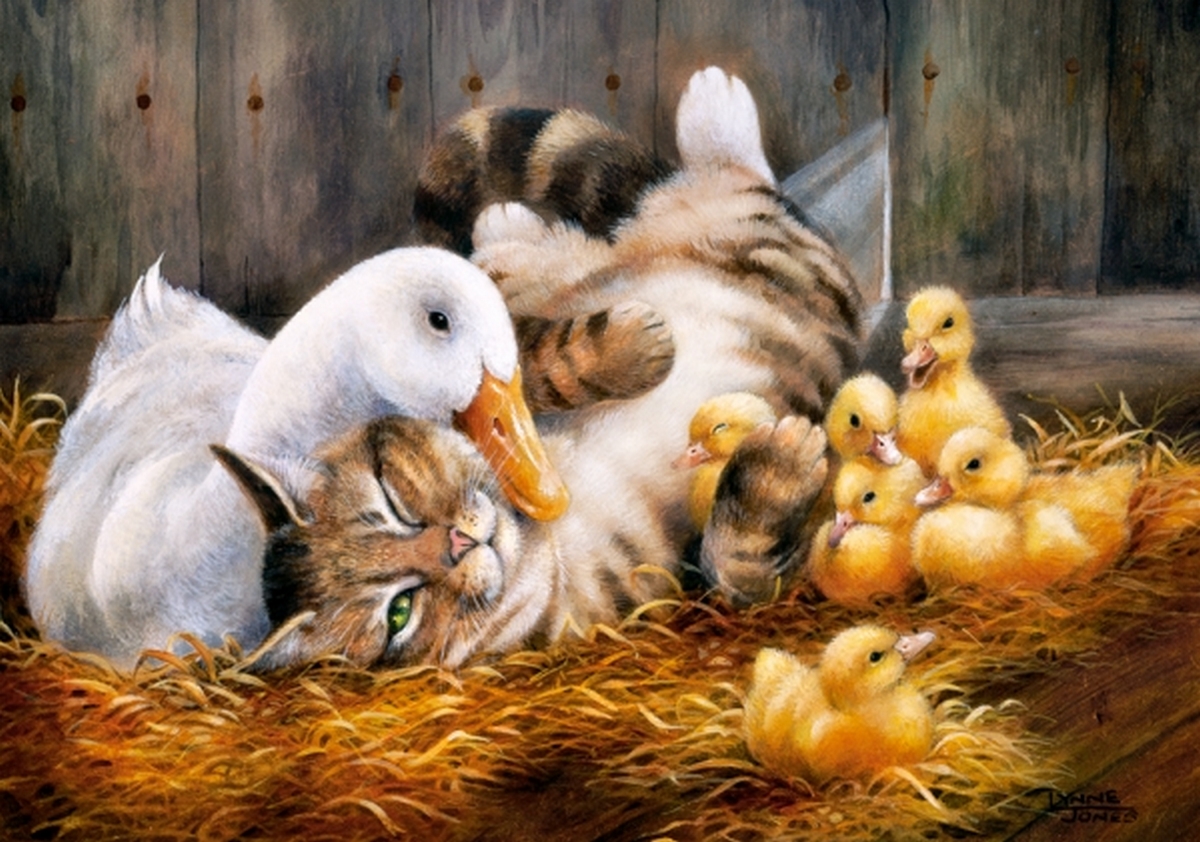 Cat duck. Утята в живописи. Цыплята живопись. Картина утята и кошка. Котик и утенок.