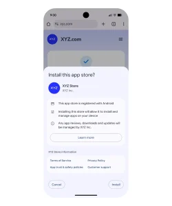 Діалогове вікно встановлення стороннього магазину додатків XYZ Store на Android