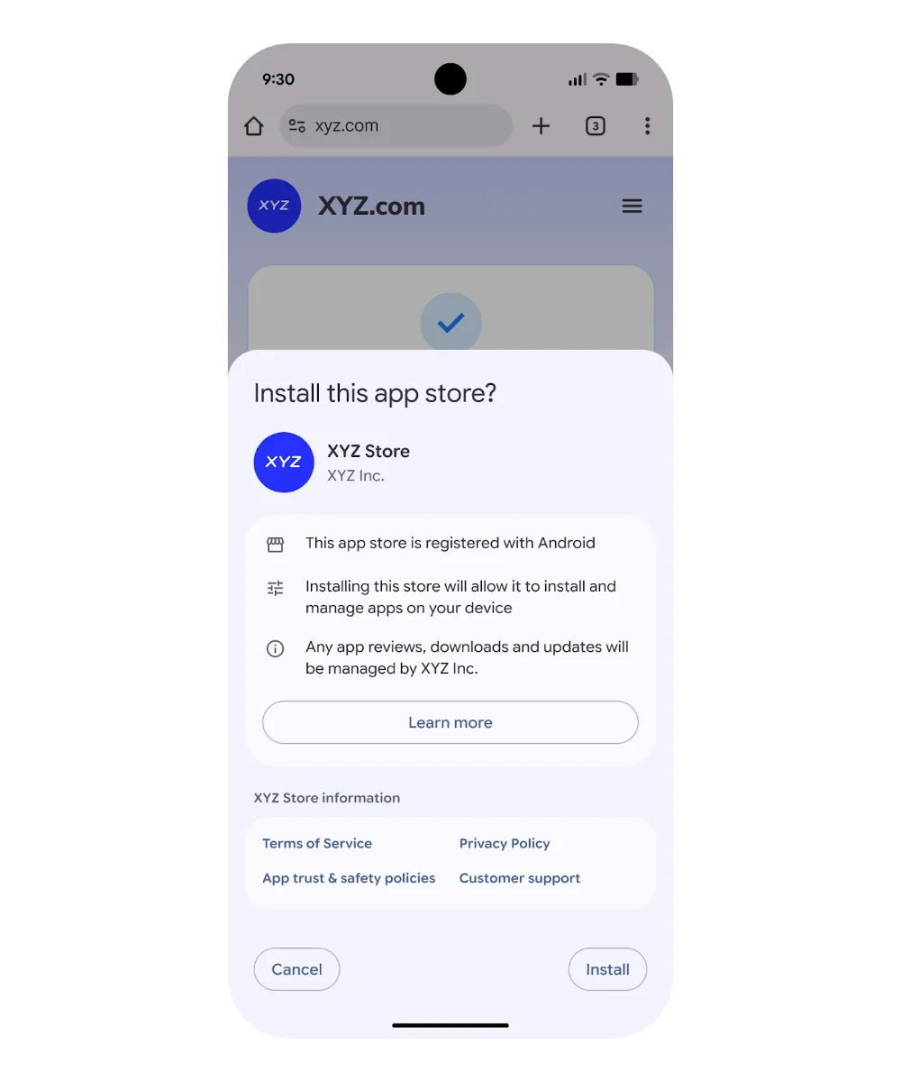 Діалогове вікно встановлення стороннього магазину додатків XYZ Store на Android