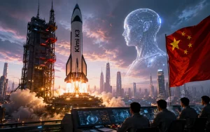Китайська модель ШІ Kimi K3 у вигляді ракети на тлі прапора КНР